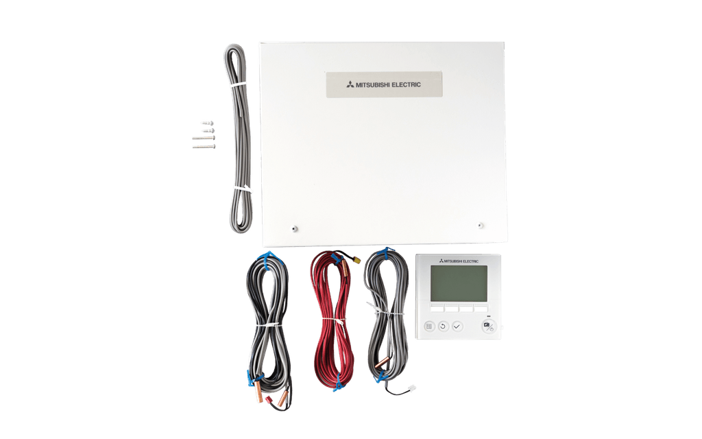 Mitsubishi Electric kontrollsystem för HVAC-system visas med anslutande kablar och en displayenhet, vilket möjliggör exakt styrning av temperatur och klimatkontroll i både kommersiella och privata installationer.